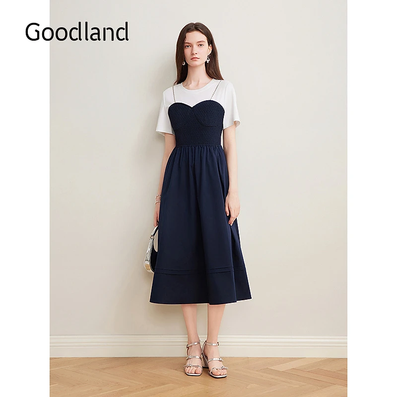 Goodland美地女装2025夏季新款洋气吊带拼接短袖假两件醋酸连衣裙