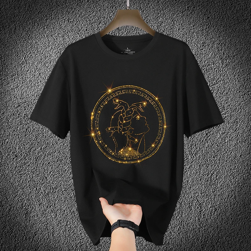 V6001轻奢男士棉T恤大牌风轻奢夏季冰感2025新款短袖烫钻潮牌时尚