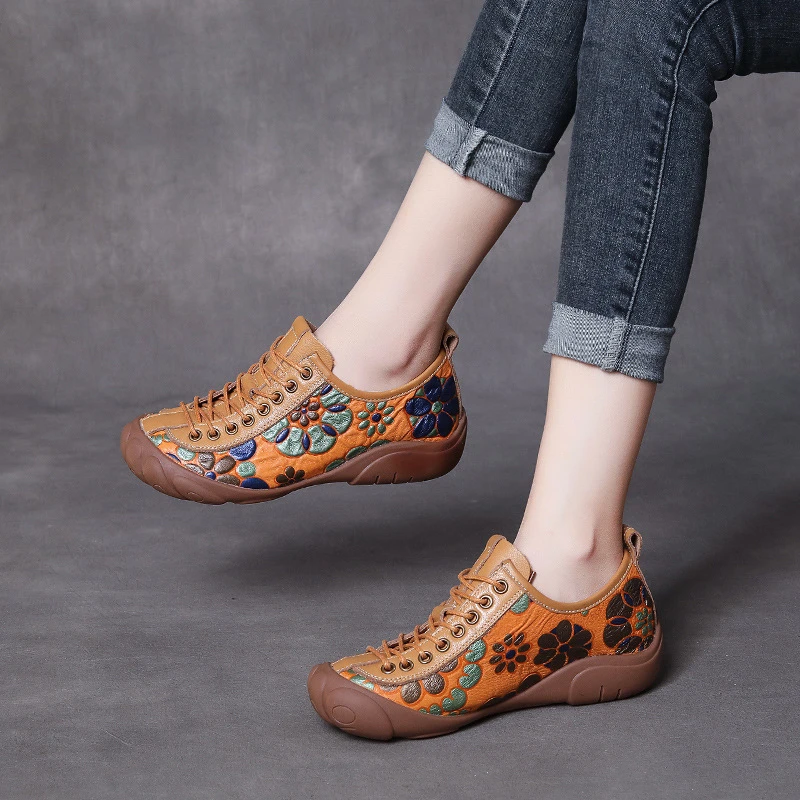 2025年民族风复古手工真皮单鞋秋季新款头层牛皮系带平底软底女鞋