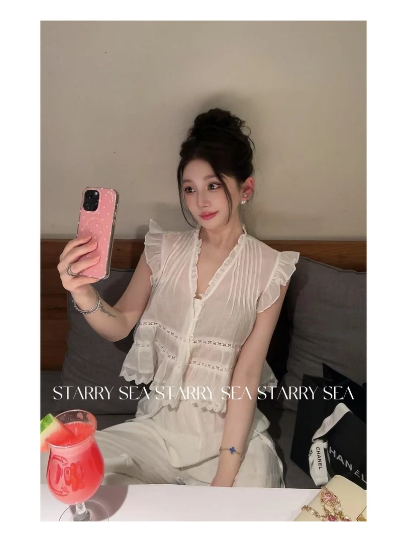 PP 【轻甜夏日】100苎麻重工压褶荷叶边蕾丝上衣➕白色麻裤#PP0158TZ