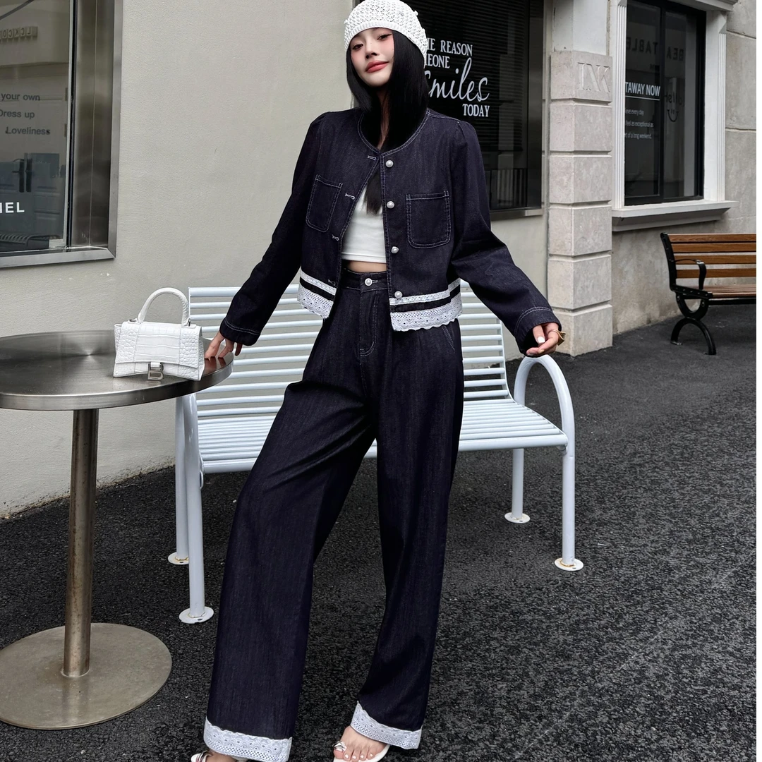 【春游出行】蕾丝花边拼接设计感牛仔两件套女时尚减龄阔腿裤套装