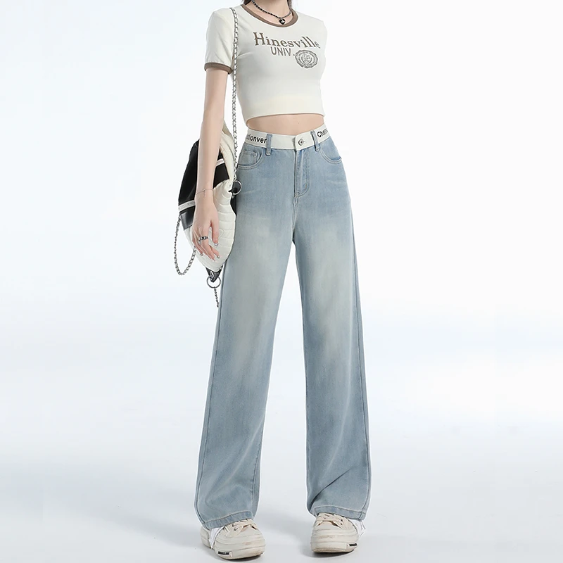 浅蓝色莱赛尔天丝牛仔裤女夏季薄款高腰显瘦小个子直筒垂感阔腿裤