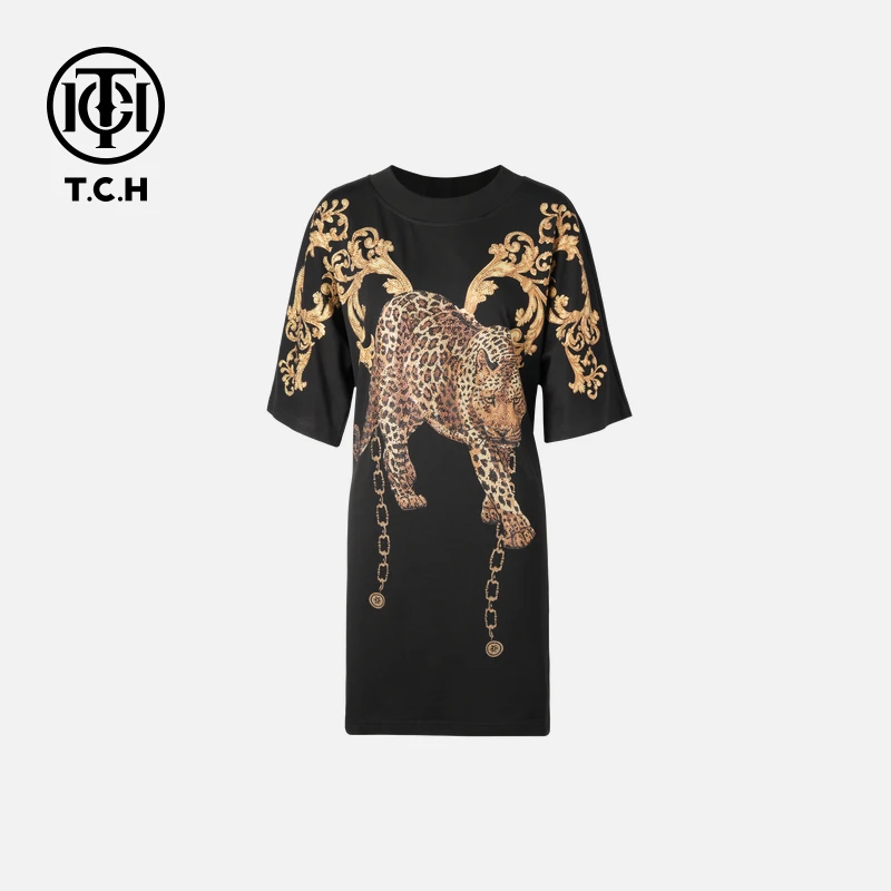 TCH轻奢烫钻工艺女春夏款时尚休闲百搭重工连衣裙圆领经典黑色