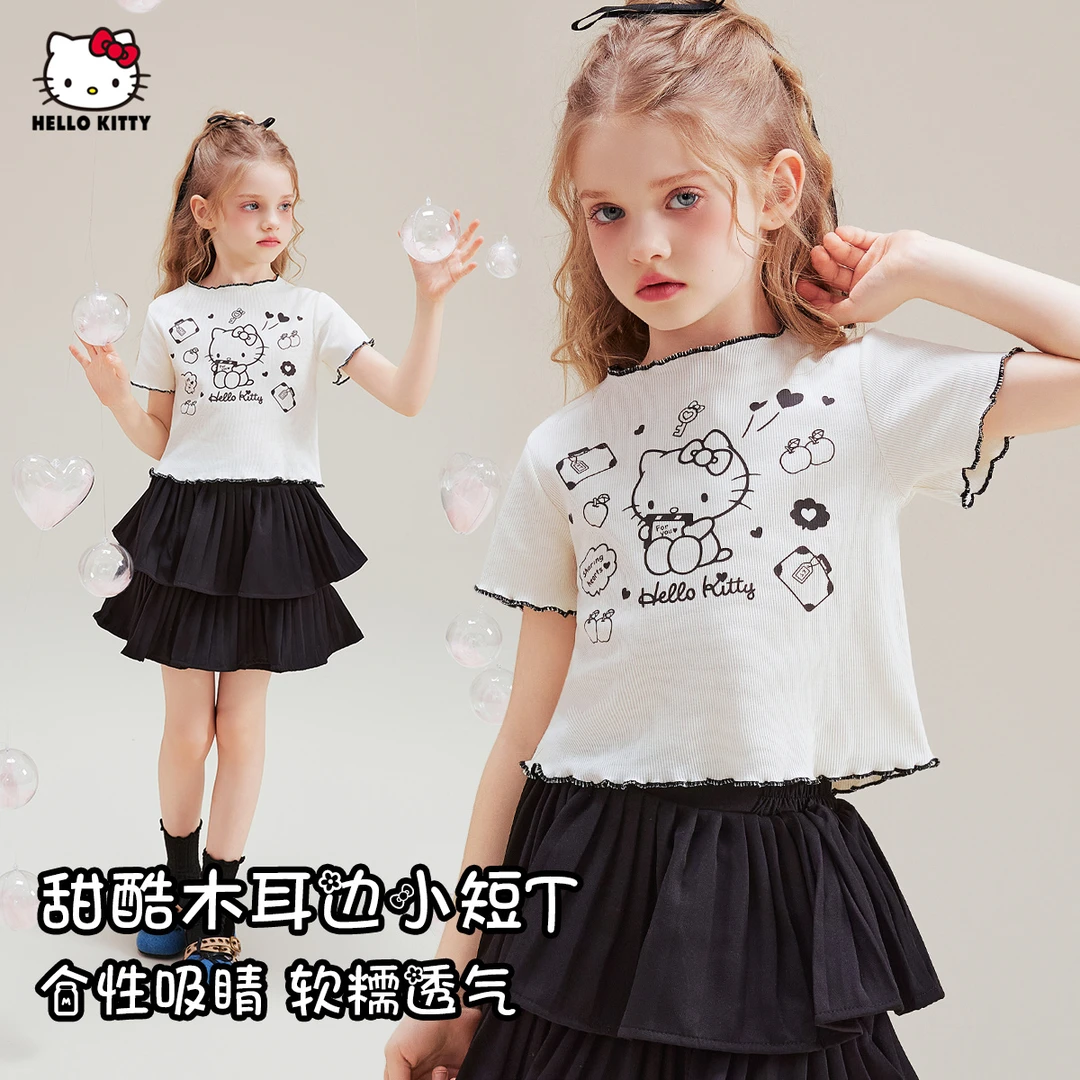 女童夏季短袖T恤2025新款木耳边洋气时髦透气中大童装上衣t