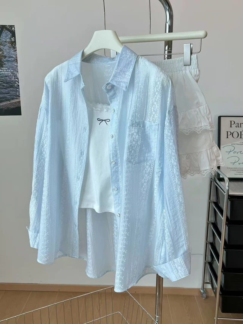 【现货】薄款防晒衬衫女2025夏季新款宽松显瘦长袖百搭蕾丝钩花外搭