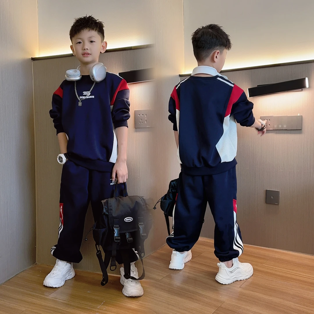 男童中大童撞色休闲春秋洋气套装新款圆领卫衣儿童套装时尚穿搭