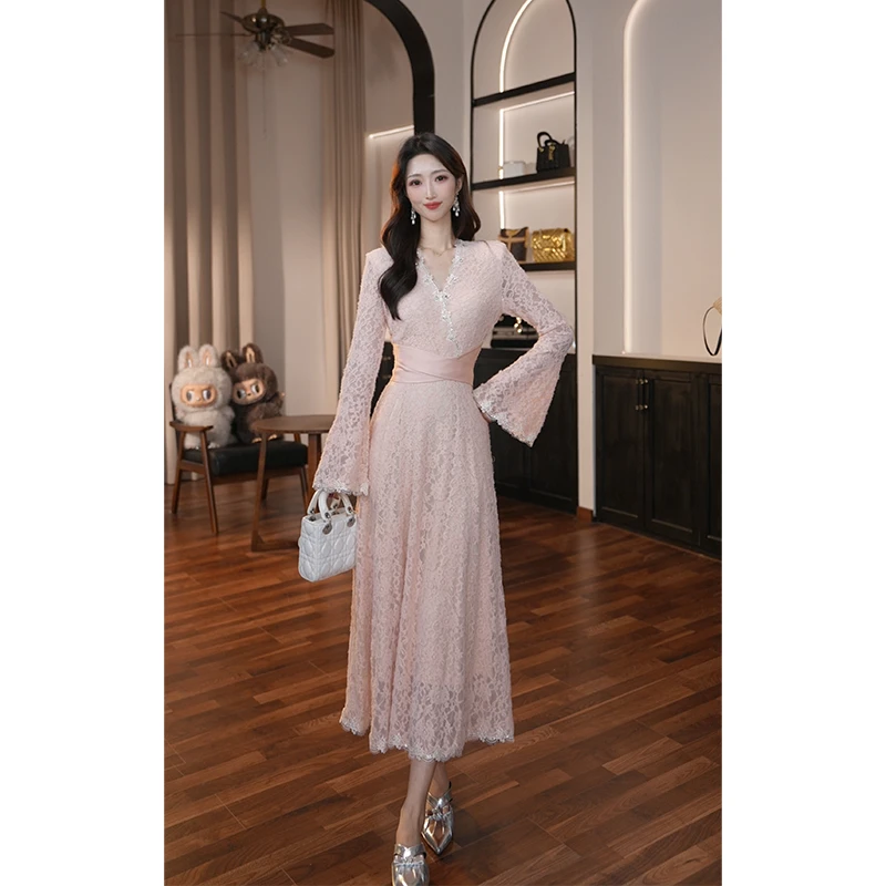 【滋滋定制】秋季新款法式气质名媛优雅秋冬粉色显瘦连衣裙21961