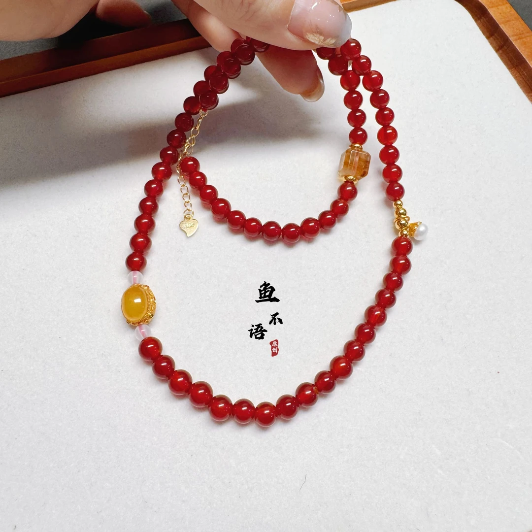 鱼不语 《醉长安》S925银俄料蜜蜡黄塔晶珍珠玛瑙吊坠项链锁骨链