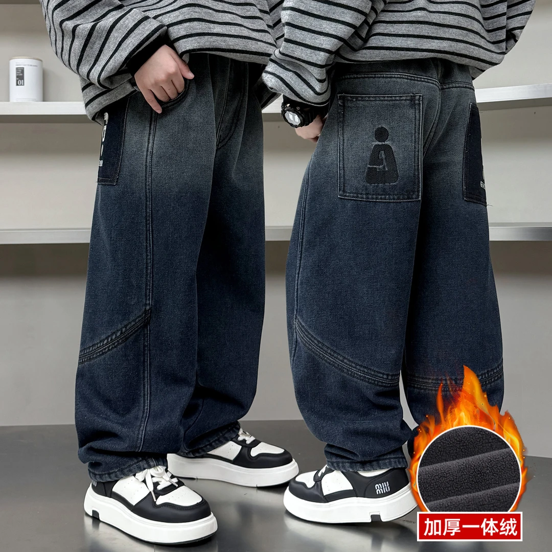 男童加绒牛仔裤秋冬装2025新款加厚中大儿童冬季一体绒休闲裤子潮