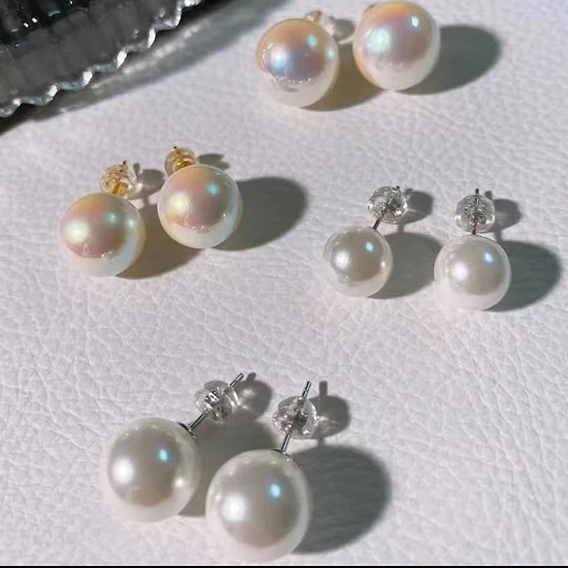 925银耳饰 月光白8mm-14mm素珠国风耳钉简约强光百搭白色耳环礼物