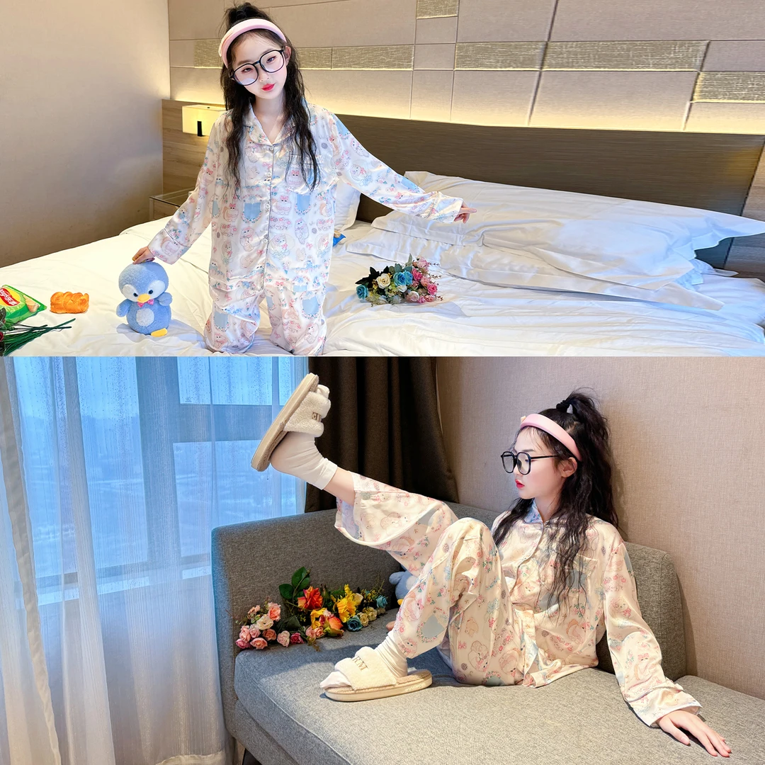 女童家居服2025新款女孩春秋洋气长袖居家睡衣儿童网红冰丝居家服