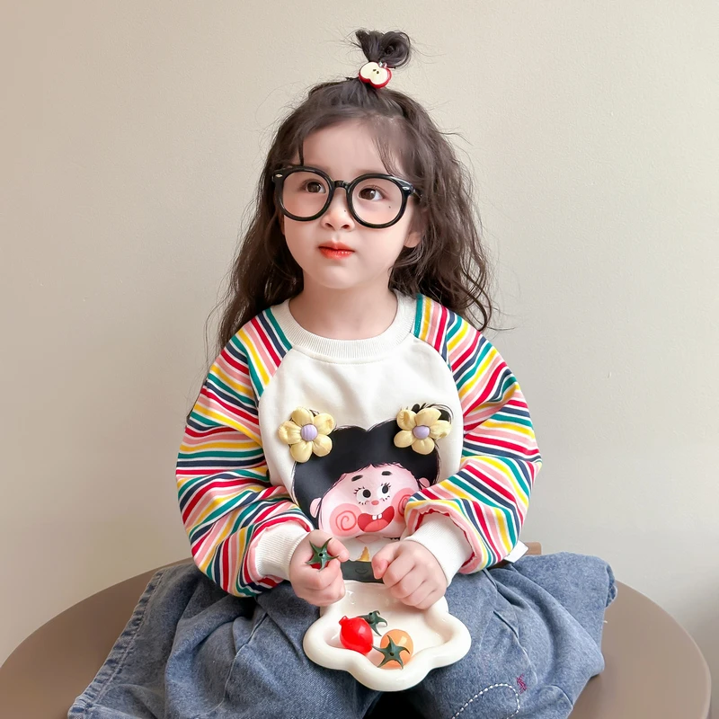 女童彩虹卫衣新款洋气时尚春季儿童卡通内搭可爱拼接彩色格子上衣