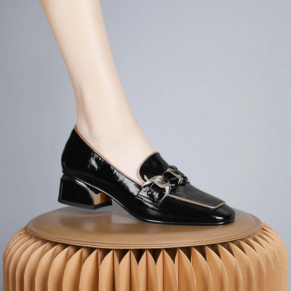 妮彩诗2024年新款欧美经典乐福鞋通勤粗跟百搭舒适黑色单鞋女1777