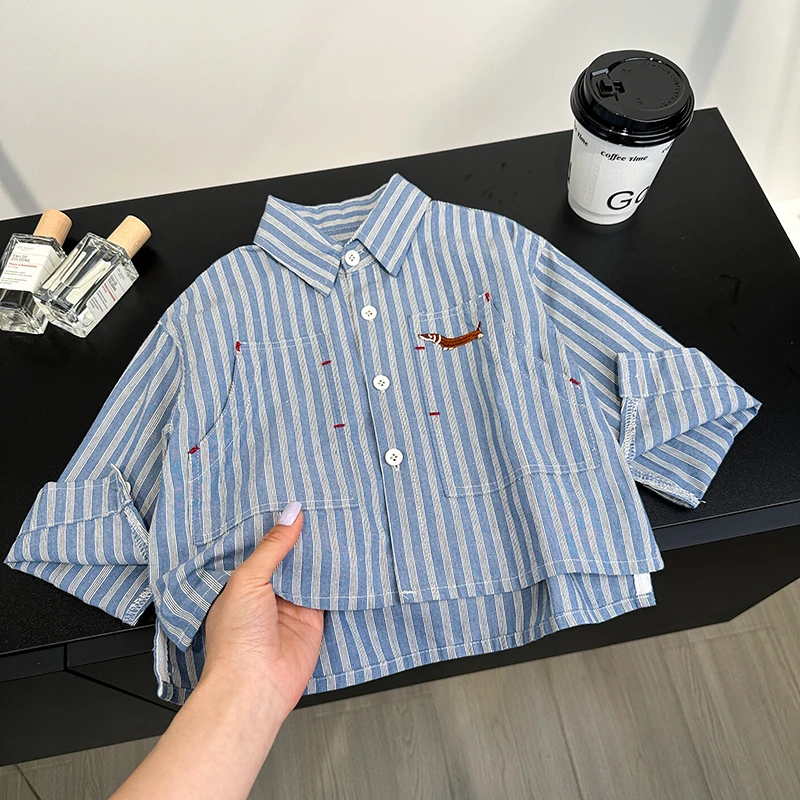 【棉的】儿童衬衫春秋新款男童韩版洋气条纹梯形兜刺绣长袖AW868