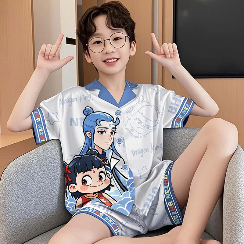儿童睡衣男童夏季薄款夏天冰丝中大童男孩小孩家居服哪吒2025新款