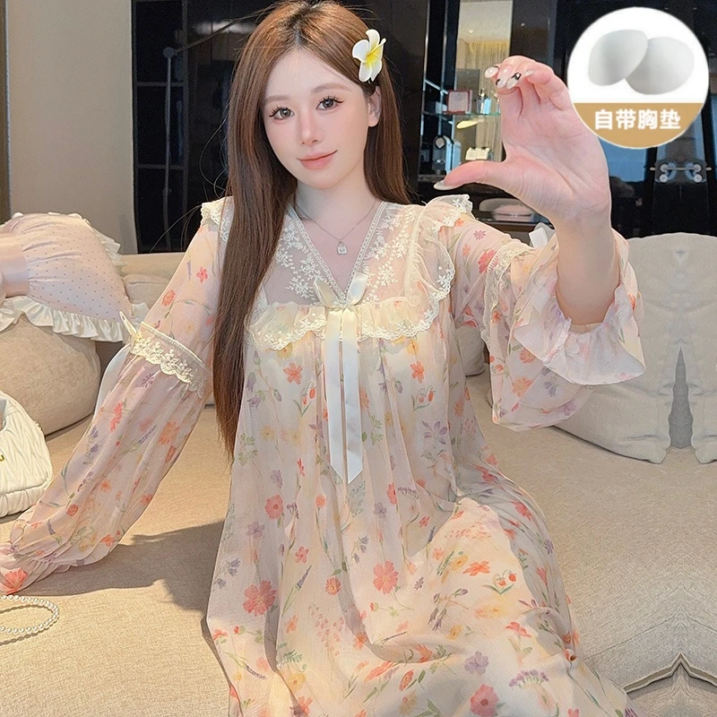 带胸垫网纱睡裙女款爆款2025新款春秋季网红长袖公主风高颜值睡衣