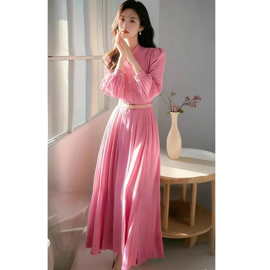 2025新款长袖衬衫粉色连衣裙女装春季高级感法式气质收腰百褶裙子
