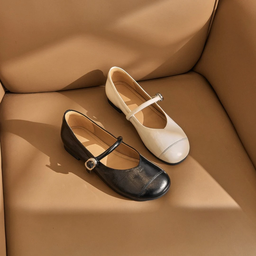 T97舒适百搭气质圆头低跟一字带法式玛丽珍真皮单鞋女G801