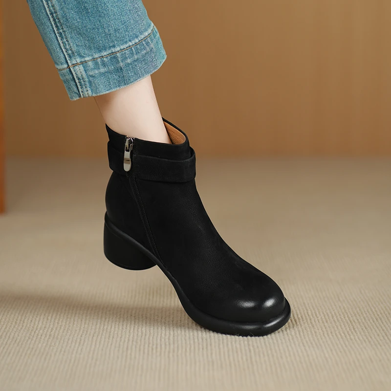 轩玥情手工女鞋5cm粗跟真皮百搭小短靴通勤复古圆头厚底马丁靴子