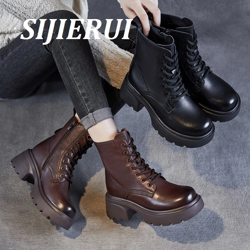 SIJIERUI真皮厚底马丁靴女英伦风短靴女2025秋冬新款鞋轻便单靴子