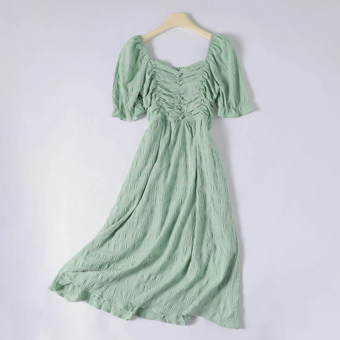 R-7441 品质柜货！精裁！时尚气质褶皱中长款方领显瘦女夏连衣裙