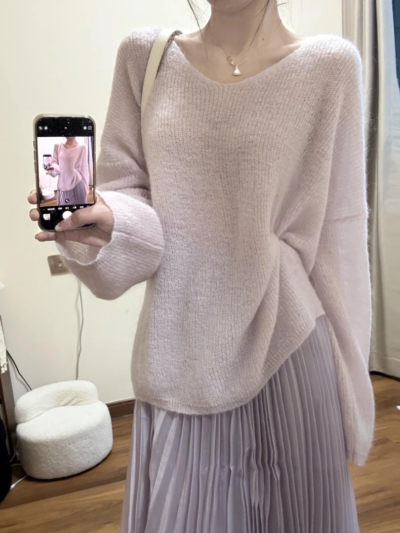 超软！马海毛V领毛衣女薄款2025春季新款宽松针织衫慵懒罩衫上衣