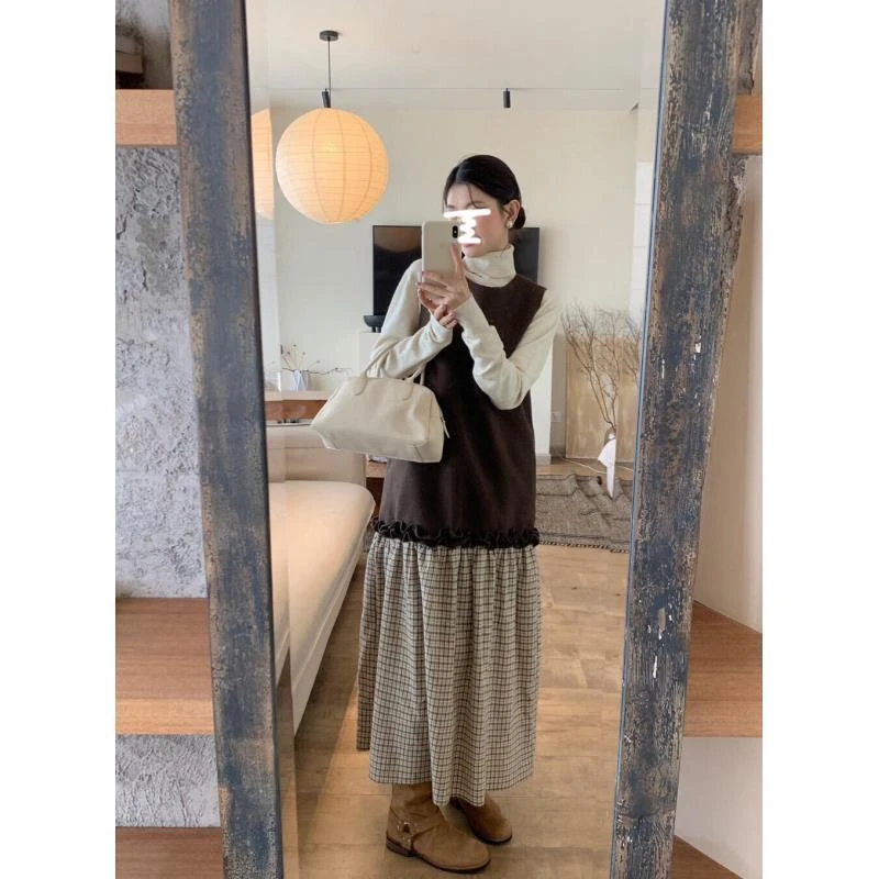 韩系复古时尚套装高领长袖针织打底衫女秋季拼接背心连衣裙两件套