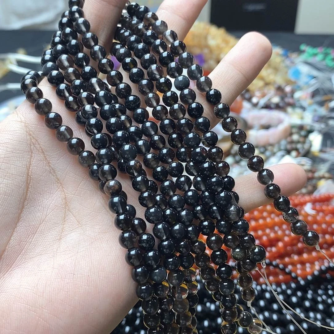 玛瑙/玉髓合金珠宝半成品一条天然6mm冰透黑曜圆珠