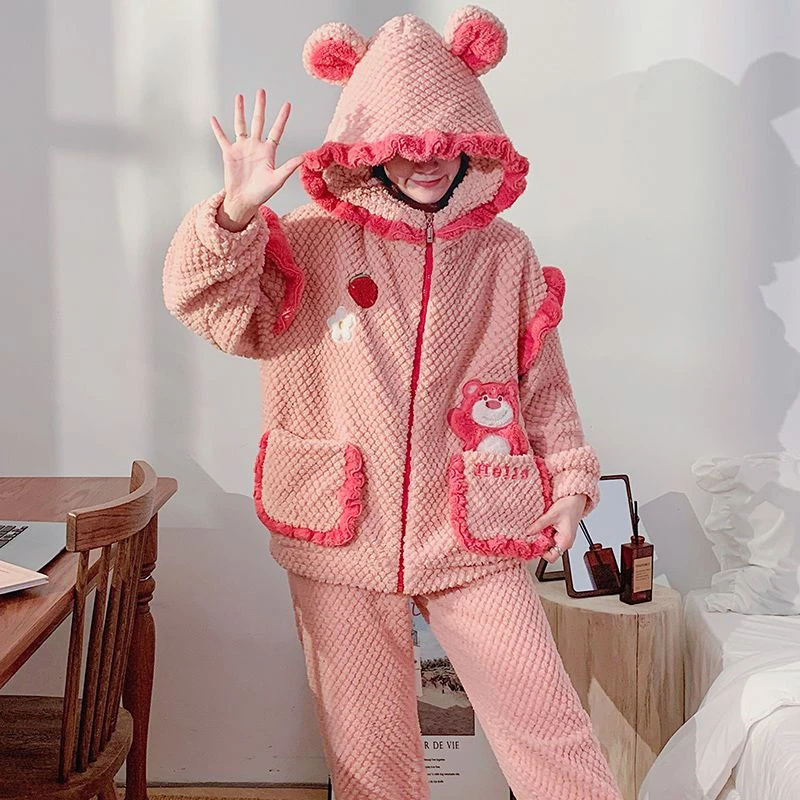 秋冬季卡通连帽拉链睡衣可外穿女士长袖保暖加厚玫瑰绒家居服套装