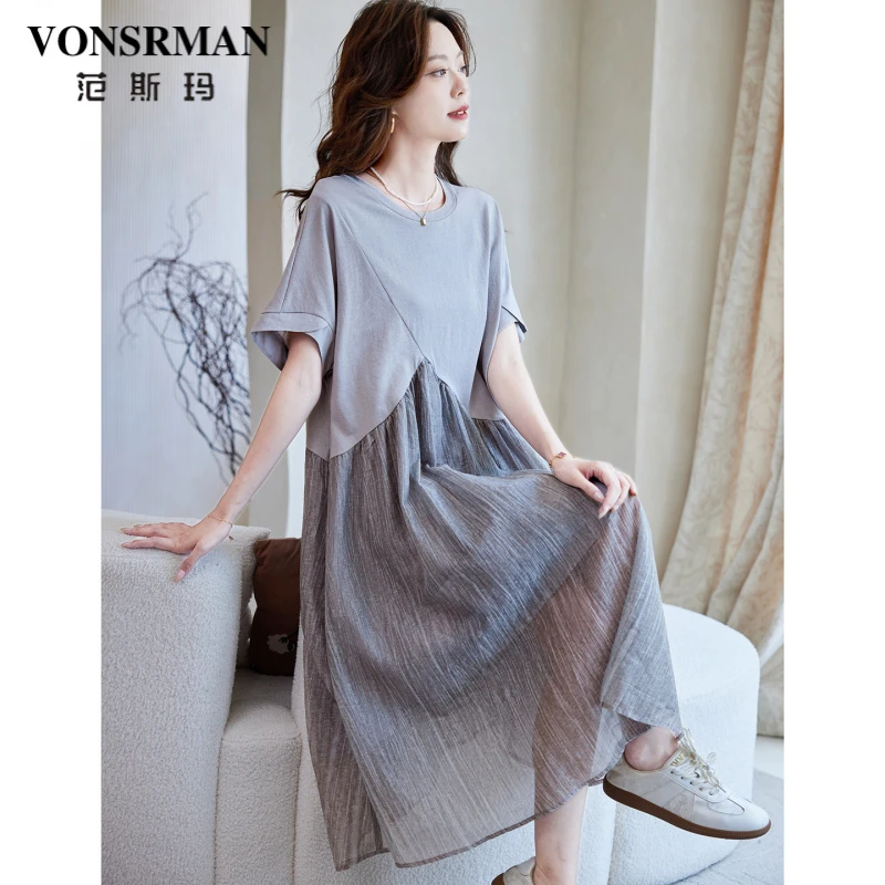 VONSRMAN条纹拼接连衣裙2025夏季洋气简约宽松休闲假两件长裙显瘦