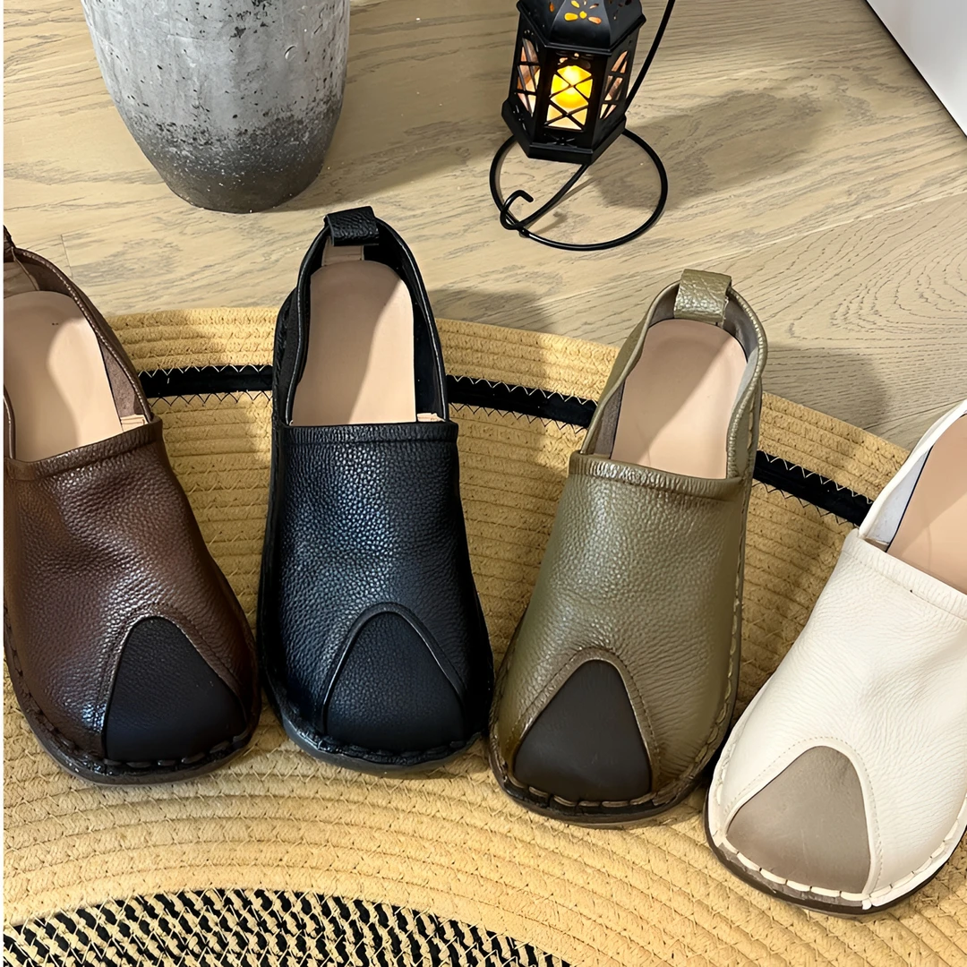 3631春季新款民族风复古真皮平底手工拼接单鞋套脚软底女鞋舒适