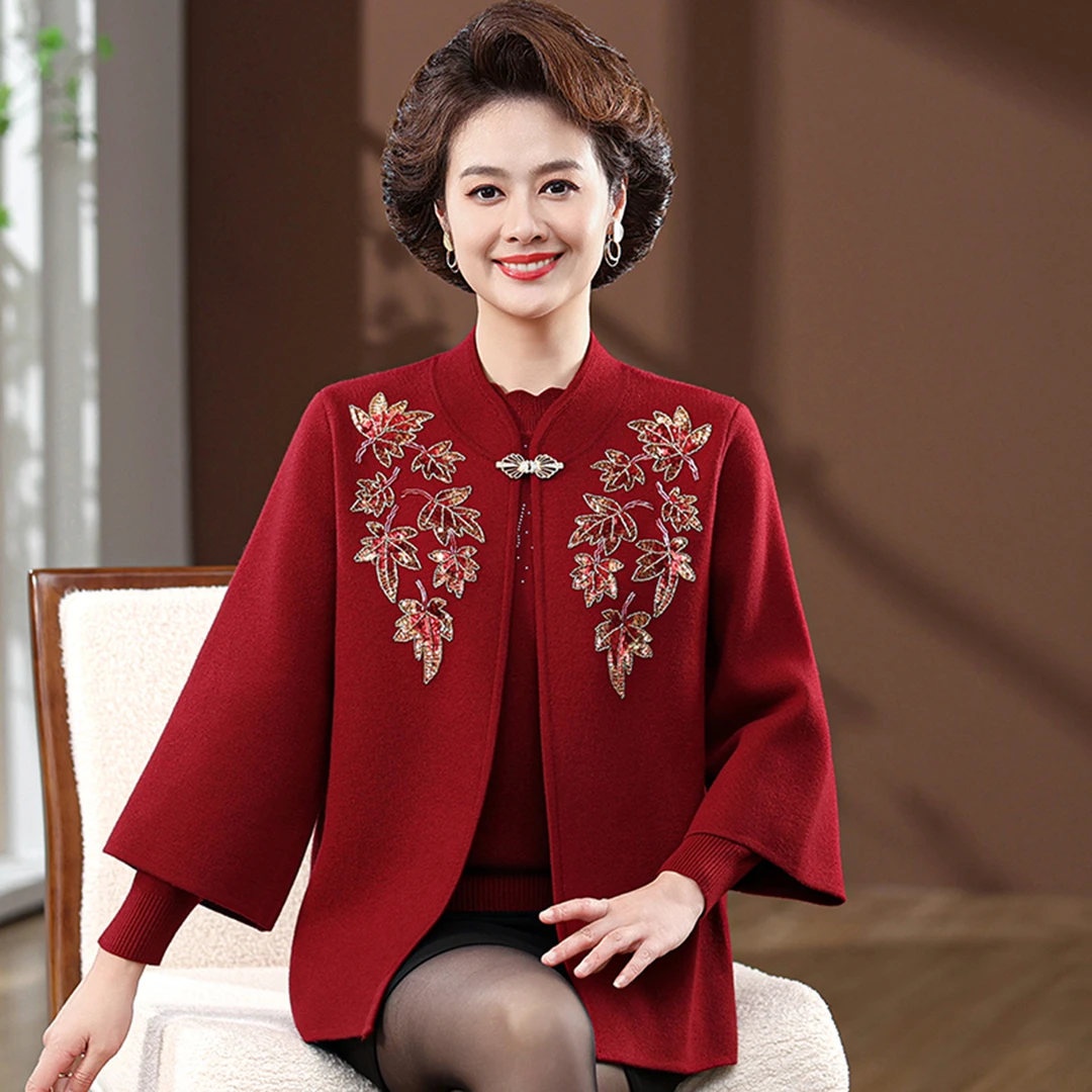 2025中老年针织开衫妈妈装两件套秋冬刺绣穿休闲时尚保暖毛衫