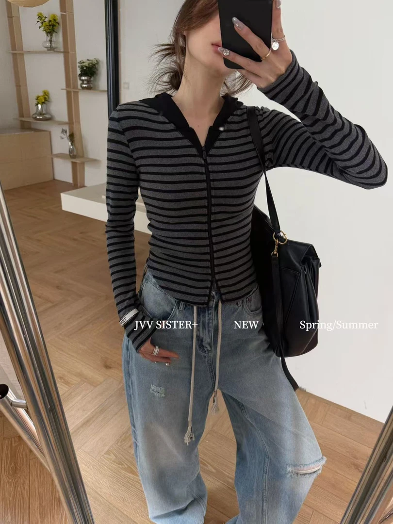 福秒-百搭必备！条纹连帽拉链上衣针织开衫（JJ00088#）JVV