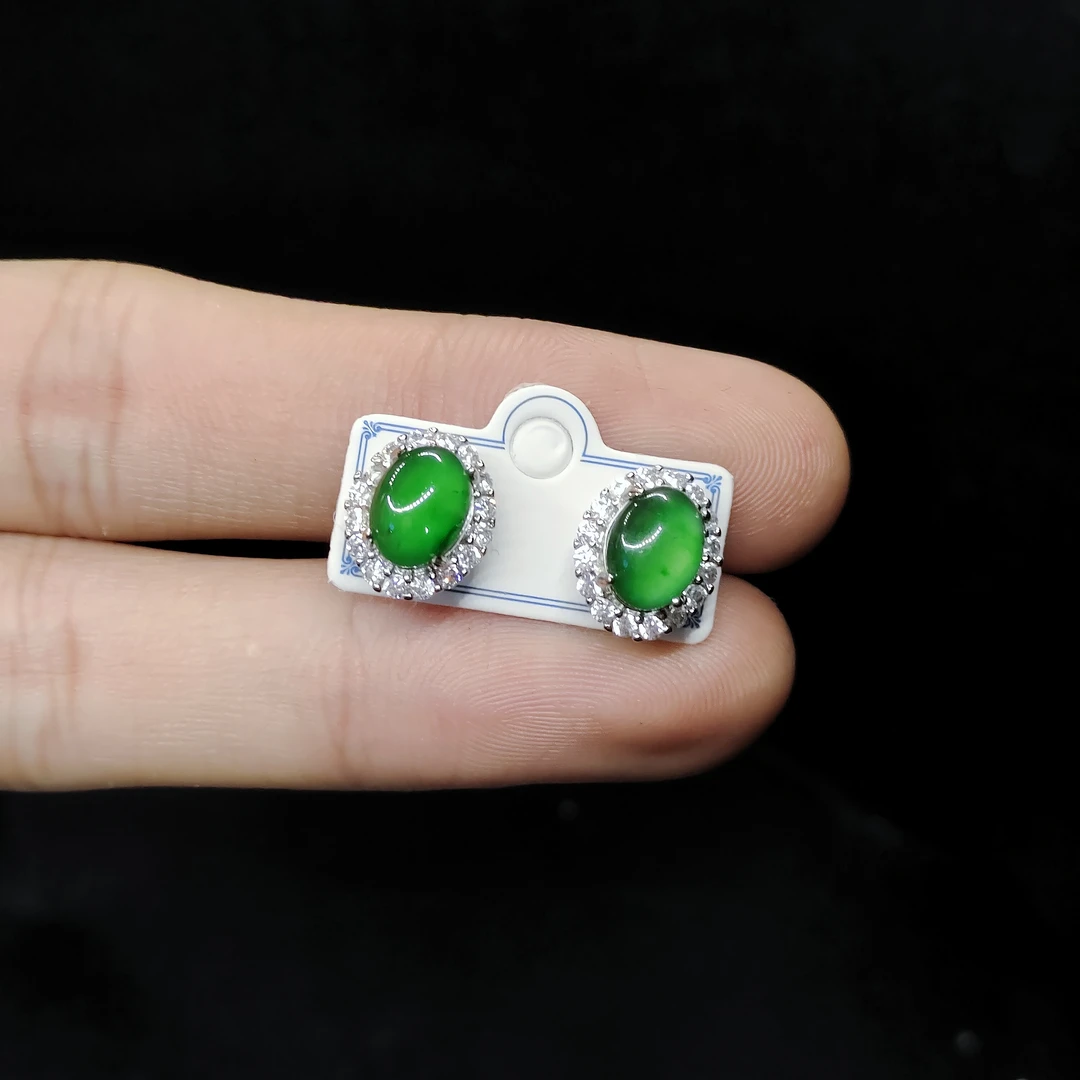 【老三珠宝】翡翠蛋面耳钉6198【多样性发其一】约8-6mm