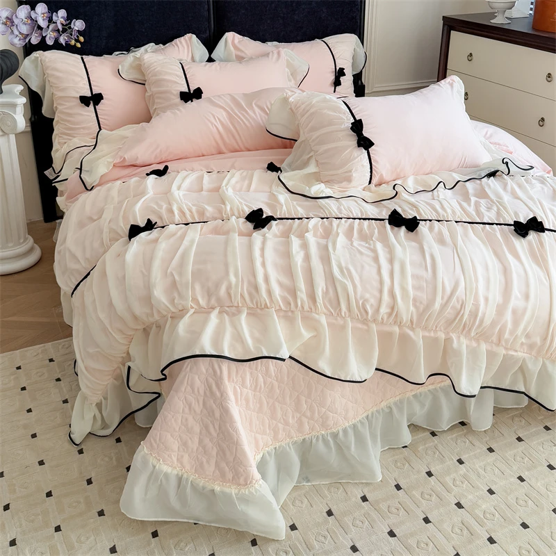 新款法式大花边公主风四件套荷叶边蕾丝花边少女心三件套床单床盖