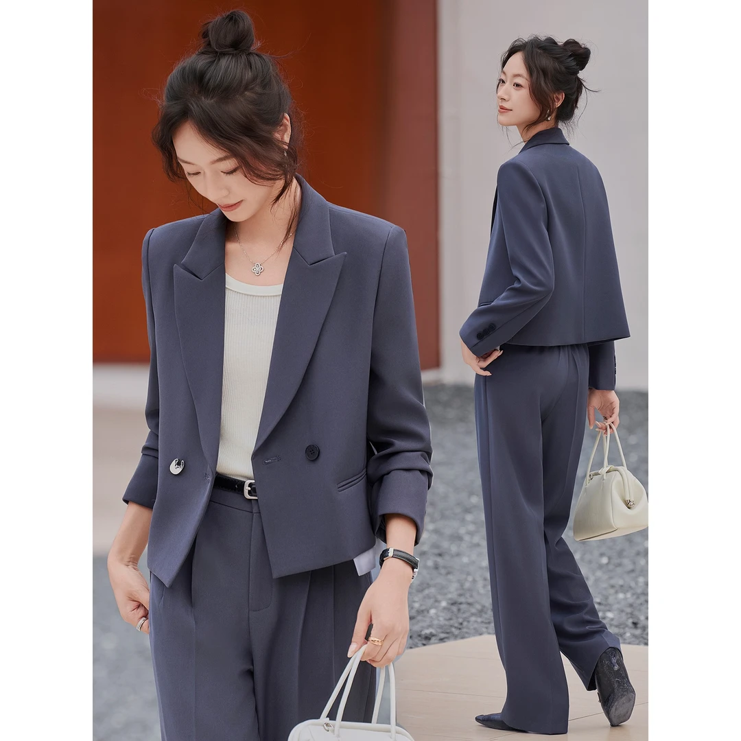 灰色西装套装两件套女2025新款春秋季职业正装小个子短款西服外套