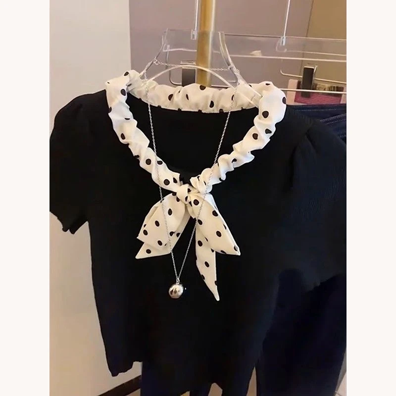 韩版气质蝴蝶结拼接套头短袖针织T恤女2025年夏季新款设计感上衣