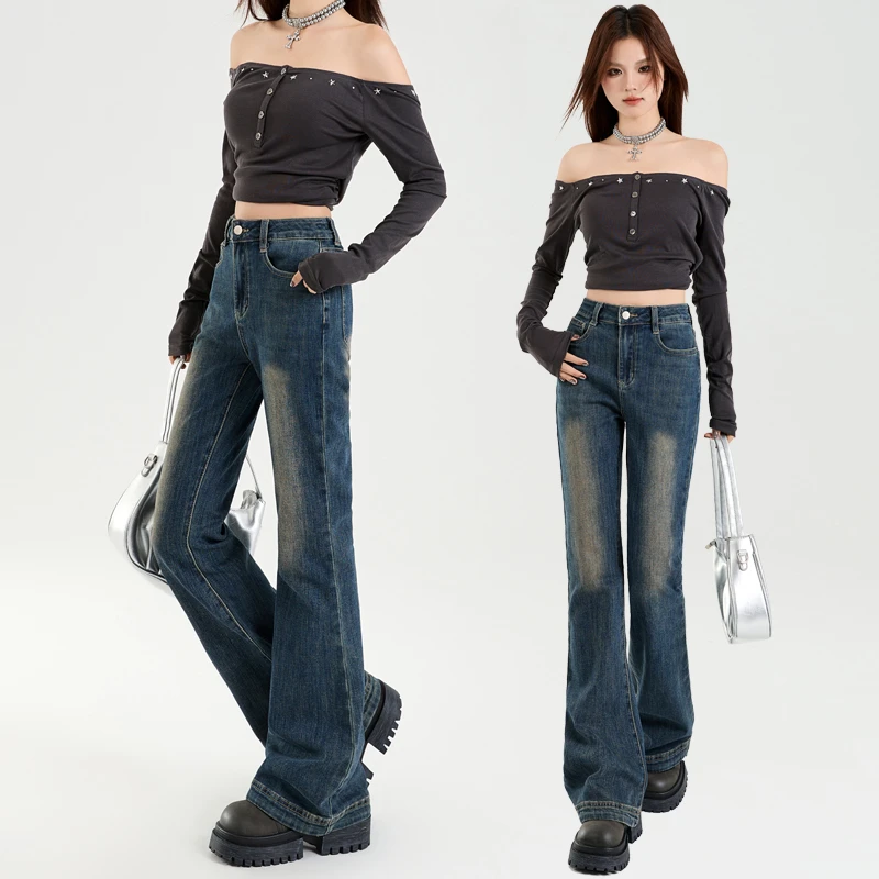 美式高腰微喇叭牛仔裤女装复古显瘦马蹄裤修身显瘦丨长裤+加长