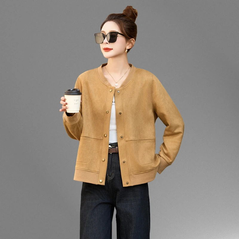 棒球服外套女短款2025春秋新款宽松休闲高级感鹿皮绒夹克开衫上衣