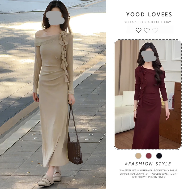 法式设计感斜肩飘带修身连衣裙女2025春秋新款纯欲辣妹长袖包臀裙