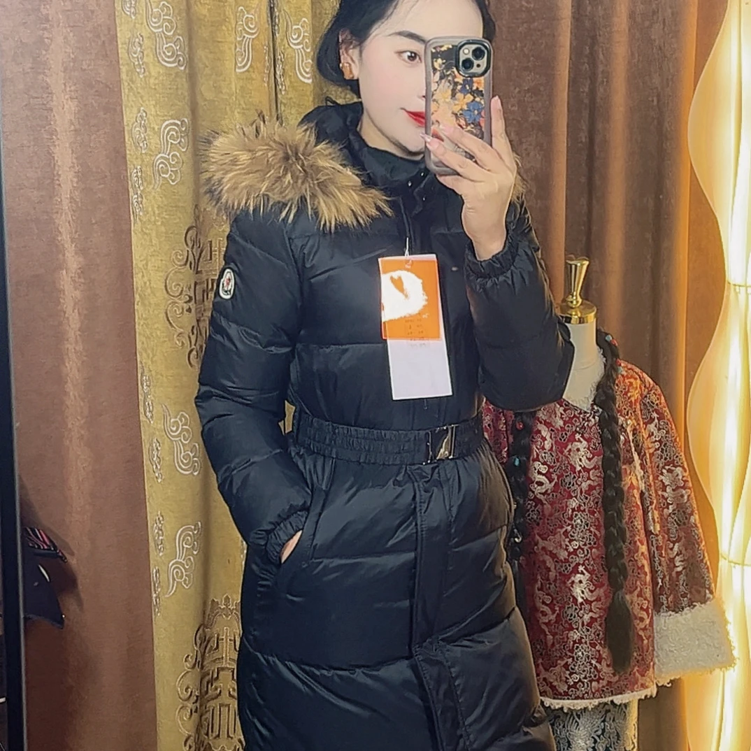 25年修身外套纯色收腰带毛长款连帽