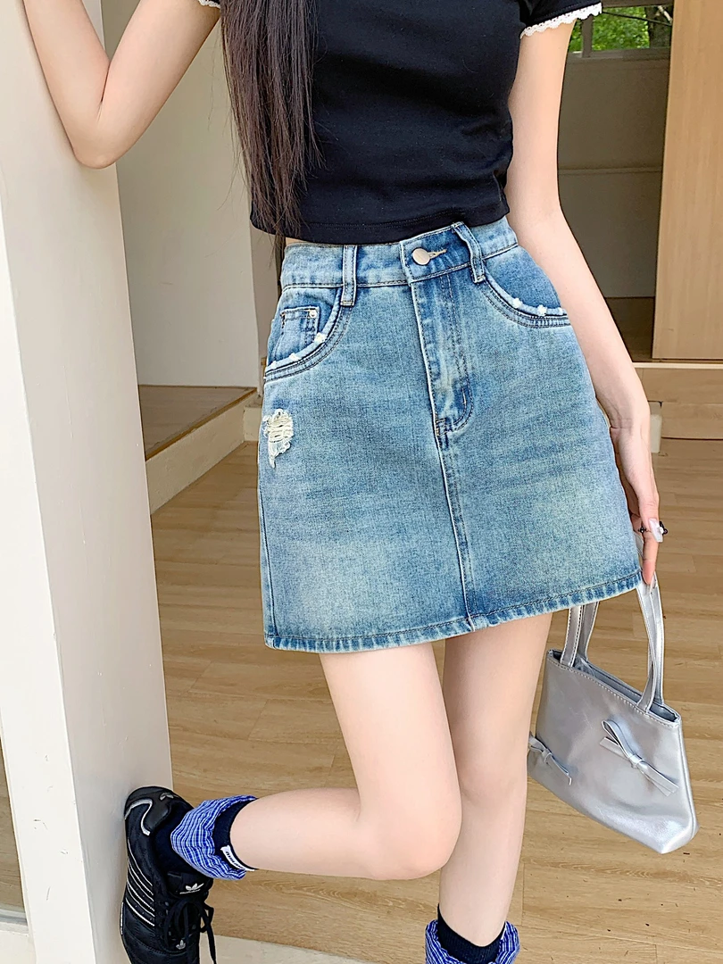 清大码夏季新款胖mm浅蓝色磨破牛仔半身裙高腰显瘦破洞短裙65536