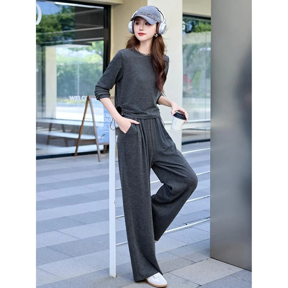 法芬图高端休闲套装女2025秋季新款长袖T恤气质显瘦阔腿裤两件套