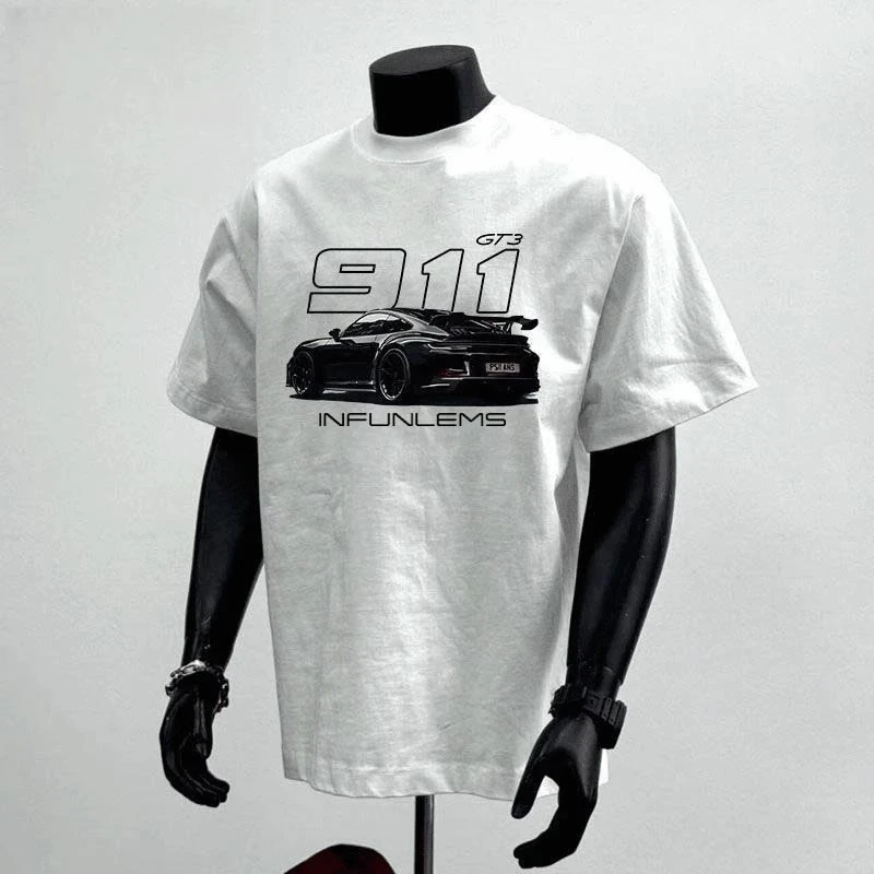 白色重磅911汽车印花短袖T恤男夏季潮牌纯棉小领口内搭五分半截袖