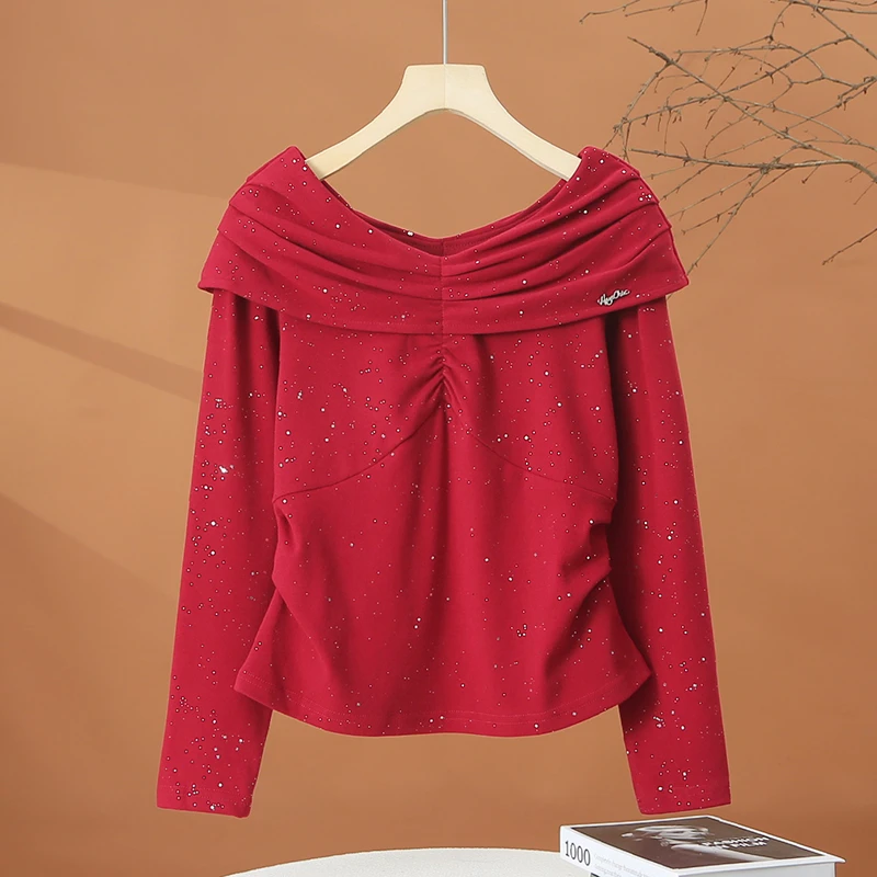 一字肩露肩长袖t恤女2025春季新款女装时尚洋气减龄短款收腰上衣