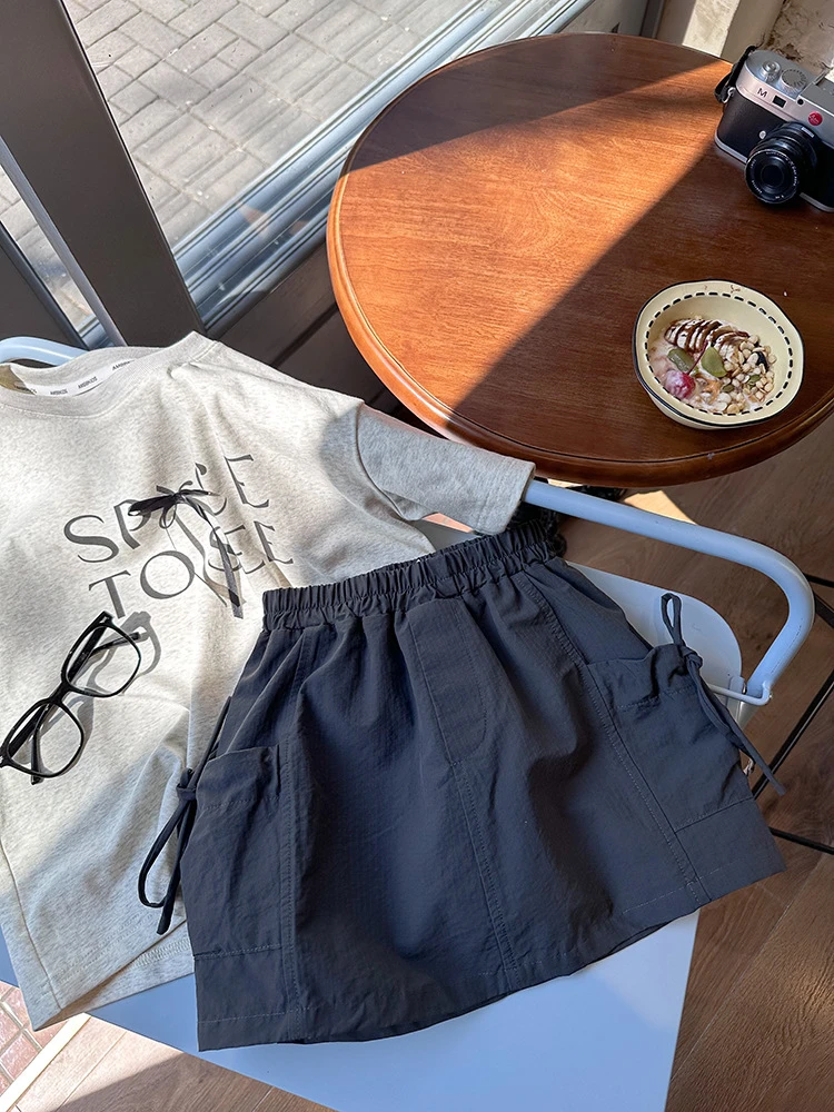 现货【锦棉】凉凉裙女童夏季工装裙子女童蝴蝶结口袋半身裙25B159