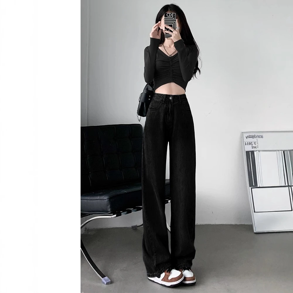 高腰直筒牛仔裤女黑色显瘦新款小个子直筒裤子阔腿裤秋季丹宁子