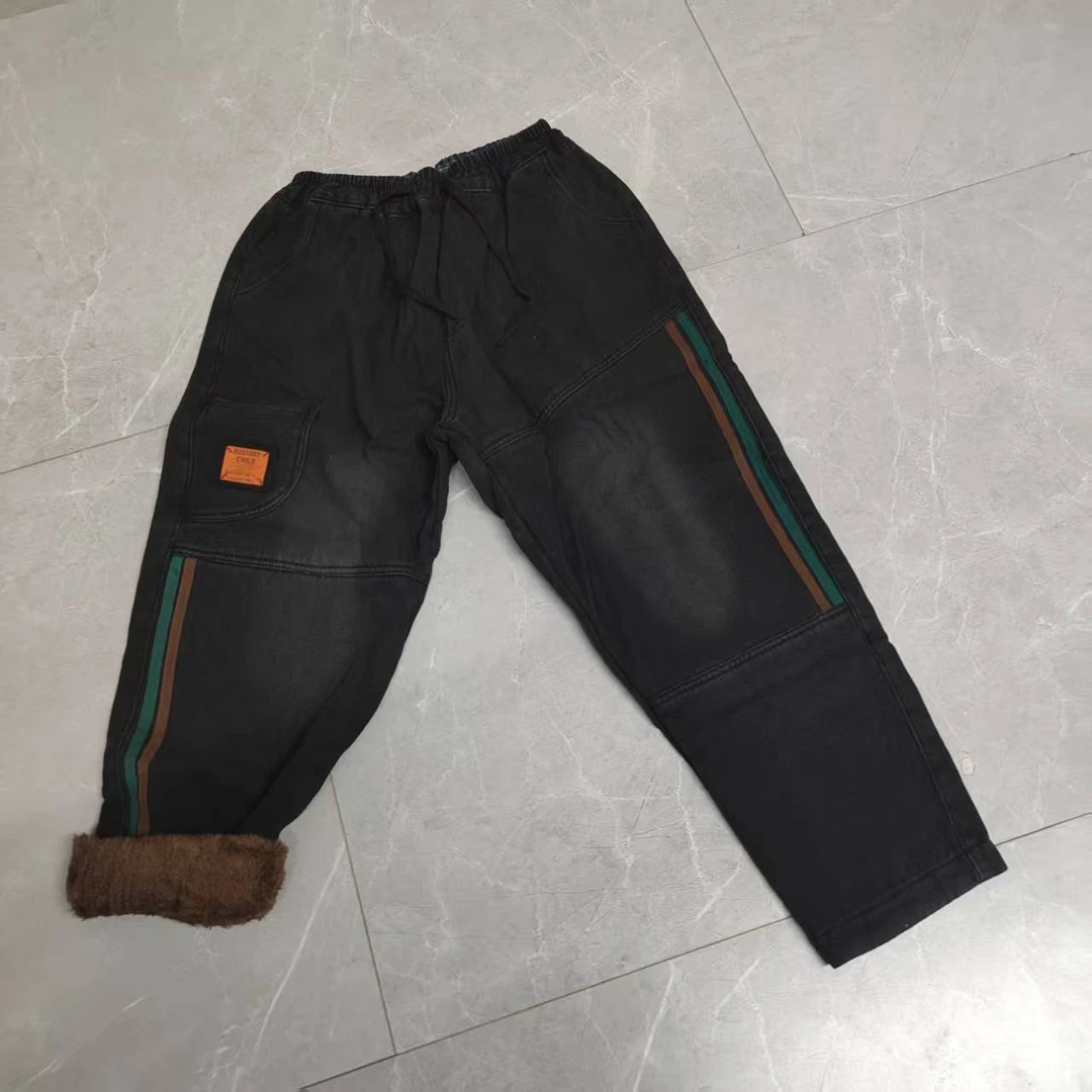 2420（飞儿同款）休闲裤加绒加厚牛仔裤宽松秋冬拼接垮裤