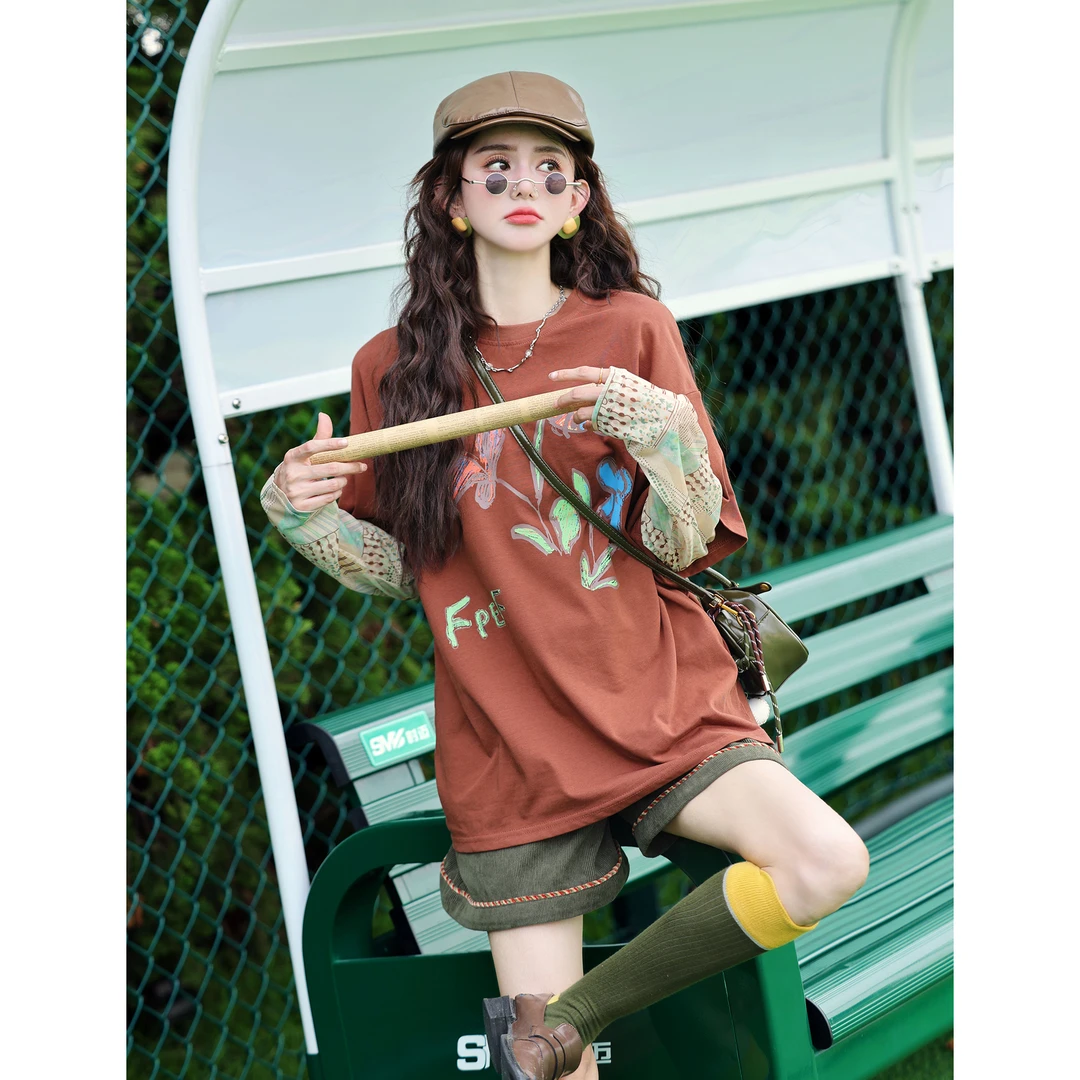 陈大器【赤野花影】港风复古拼接百搭短袖T恤休闲上衣JO1218243