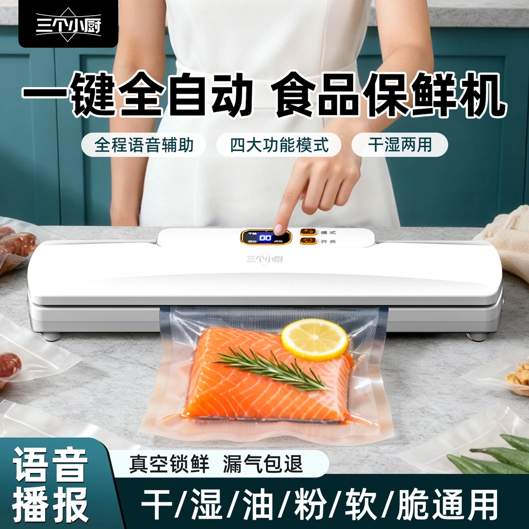 三个小厨智能语音真空封口机家用干湿两用全自动语音引导塑封机
